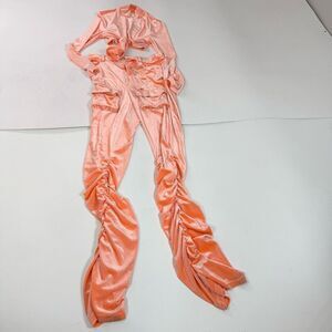 SO REAL Tracksuit Pant Set Womens XL Velour Crop Top Bright Orange y2K 90s Ruche